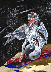 1girl black_background covering_face feathered_wings geta grey_hair hand_fan hat hauchiwa holding holding_fan ikeda_ruriko kourindou_tengu_costume orb pom_pom_(clothes) red_eyes red_shoes shameimaru_aya shoes sky solo star_(sky) starry_sky tengu-geta thighhighs thighs tokin_hat touhou traditional_media wind wings yin_yang yin_yang_orb