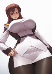 1girl belt black_pantyhose breasts brown_eyes brown_hair commentary dress english_commentary gundam gundam_seed hand_on_own_hip highres large_breasts lipstick long_hair looking_at_viewer makeup military military_uniform mixed-language_commentary murrue_ramius pantyhose qingmingtongzi sitting smile solo white_dress