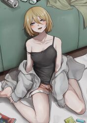 1girl absurdres aki_(tabao) bare_legs bare_shoulders barefoot bed beer_can blonde_hair blue_eyes blush breasts camisole can cleavage collarbone drink_can full_body grey_hoodie hair_between_eyes highres hood hoodie indoors jacket lighter looking_at_viewer off_shoulder open_clothes open_jacket open_mouth original shirt short_hair short_shorts shorts sitting sleeves_past_wrists small_breasts smile solo spaghetti_strap strap_slip tabao thighs unworn_eyewear unworn_shirt wariza