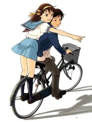 1boy 1girl bicycle black_pants blue_jacket blue_sailor_collar blue_skirt brown_hair hair_ribbon jacket kita_high_school_uniform kyon open_mouth pants pointing ribbon riding riding_bicycle sailor_collar school_uniform serafuku shadow shirt short_hair skirt suzumiya_haruhi suzumiya_haruhi_no_yuuutsu takizawa_seihou white_shirt yellow_ribbon