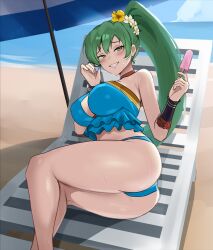 1girl ass beach beach_umbrella bikini blue_bikini blush breasts commentary english_commentary feet_out_of_frame fire_emblem fire_emblem:_the_blazing_blade fire_emblem_heroes flower food green_eyes green_hair hair_flower hair_ornament high_ponytail highres holding holding_food holding_popsicle large_breasts legs long_hair looking_at_viewer lying lyn_(fire_emblem) lyn_(lady_of_the_beach)_(fire_emblem) nintendo ocean official_alternate_costume on_side ponytail popsicle sand solo sweat swimsuit thick_thighs thighs umbrella zet_(twt_zet)