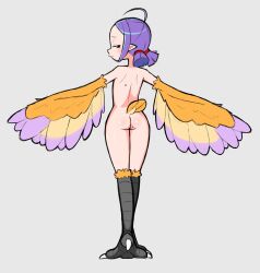 1girl absurdres ahoge ass bird_legs bird_tail black_eyes blush commentary feathered_wings feathers forehead grey_background highres loli looking_at_viewer looking_back mole mole_on_ass mole_on_back notepaddy nude orange_feathers orange_wings original pointy_ears purple_feathers purple_hair simple_background smile solo tail talons twintails winged_arms wings yellow_feathers