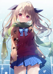 1girl blue_bow blue_skirt blush bow brown_hair chain-link_fence coat commentary_request fence green_scarf hair_between_eyes hair_ribbon highres jacket long_hair long_sleeves looking_at_viewer open_mouth original outdoors parted_lips pleated_skirt red_eyes ribbon scarf school_uniform skirt snowing solo standing striped suimya twintails vertical_stripes