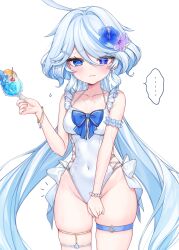 1girl absurdres ahoge alternate_costume armband blue_bow blue_eyes blue_flower blue_hair blue_pupils blush bow bracelet breasts closed_mouth collarbone commentary_request covered_navel covering_crotch covering_privates cowboy_shot cup drop-shaped_pupils flower frilled_armband frills furina_(genshin_impact) genshin_impact hair_between_eyes hair_flower hair_ornament hand_up heterochromia highleg highleg_one-piece_swimsuit highres holding holding_cup ineka_ka jewelry long_hair looking_at_viewer medium_breasts multicolored_hair one-piece_swimsuit pearl_bracelet purple_flower side-tie_one-piece_swimsuit simple_background skindentation solo streaked_hair sweat swimsuit symbol-shaped_pupils thigh_strap very_long_hair white_armband white_background white_hair white_one-piece_swimsuit