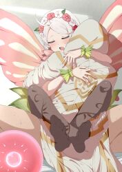 1boy 1girl absurdres ahoge bracelet butterfly_wings capelet closed_mouth commission commissioner_upload couple fairy fairy_wings fazekas feet fertilization fire_emblem fire_emblem_fates fire_emblem_heroes flower gradient_clothes hair_flower hair_ornament hair_vines hairband hetero highres hood hood_up hooded_robe hug impregnation insect_wings jewelry kiran_(fire_emblem) male_kiran_(fire_emblem) leaf_bracelet leg_lock lower_teeth_only nina_(fire_emblem) nina_(resplendent)_(fire_emblem) nintendo non-web_source official_alternate_costume open_mouth ovum pantyhose parted_bangs pink_capelet pink_flower robe saliva sex soles sperm_cell straddling sweat teeth toes vine_print white_flower white_hair wings