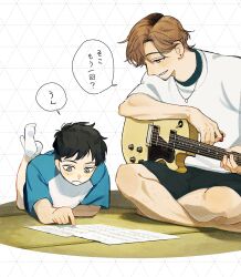 2boys :o aged_down black_hair black_shorts blue_shirt brothers brown_hair child commentary_request earrings electric_guitar facial_hair feet_up futsuu_no_keion-bu gibson_les_paul grey_eyes guitar highres holding holding_guitar holding_instrument instrument jewelry kuma_vs_inu leg_hair lying male_focus mizuo_haruichi mizuo_haruichi&#039;s_brother multiple_boys necklace on_stomach parted_lips sheet_music shirt short_sleeves shorts siblings sitting smile socks t-shirt tsurime white_shirt white_socks