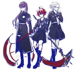 100horses 1girl 2boys aotsuki_eito axe blue_eyes crossdressing full_body highres holding holding_axe holding_scythe holding_sword holding_weapon long_hair looking_at_another looking_at_viewer multiple_boys purple_hair red_eyes red_hair scythe shizuhara_hiruko standing sumino_takumi sword the_hundred_line_-last_defense_academy- weapon white_background white_hair