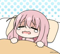 Rule 34 | 1girl, bocchi the rock!, closed eyes, cube hair ornament, gotoh hitori, hair between eyes, hair cuffs, hair ornament, halftone, halftone background, jacket, long hair, mitya, one side up, open mouth, pillow, pink hair, pink jacket, solo, tears, track jacket, turn pale, twitter username, under covers, upper body, wavy mouth, white background