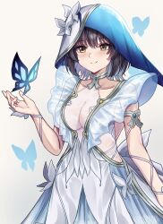 1girl absurdres armlet black_hair blue_butterfly blue_veil breasts bug butterfly closed_mouth colored_inner_hair commentary cosplay cowboy_shot dress english_commentary female_rover_(wuthering_waves) flareza highres insect jewelry large_breasts looking_at_viewer multicolored_hair rover_(wuthering_waves) shorekeeper_(wuthering_waves) shorekeeper_(wuthering_waves)_(cosplay) simple_background sleeveless sleeveless_dress smile solo two-tone_veil veil white_background white_dress white_hair white_veil wuthering_waves yellow_eyes