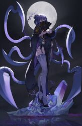 1girl absurdres black_dress black_nails black_sclera black_shoes braid breasts cleavage colored_sclera commentary_request covered_navel dress folding_fan full_moon hair_bun hand_fan hand_on_own_hip high_heels highres holding holding_fan korean_commentary large_breasts long_sleeves moon nail_polish original purple_eyes purple_hair purple_thighhighs shoes solo standing thighhighs wide_sleeves ysoa26
