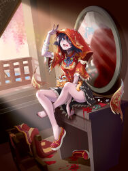 2girls absurdres arm_up black_nails black_skirt blood blood_on_face blue_eyes blue_hair breasts chinese_clothes chinese_commentary colored_skin commentary_request day fence fingernails flower full_body highres indoors jiangshi kaku_seiga looking_to_the_side medium_breasts mirror miyako_yoshika multiple_girls neck_ribbon ofuda ofuda_removed open_mouth purple_hair purple_skin red_shirt red_shoes ribbon sharp_fingernails sharp_toenails shirt shoes short_hair short_sleeves single_shoe sitting skirt smile solo_focus tangzhuang toenails touhou wisteria yumura zhongyuan_jie