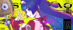 Rule 34 | 1girl, absurdres, astra yao, black hair, blunt bangs, bow, breasts, character name, commentary, frilled sleeves, frills, headband, highres, keigo inoue, looking at viewer, median furrow, pink nails, red bow, red eyes, solo, zenless zone zero