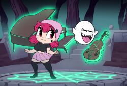 1girl 1other animated audible_music beanie black_shirt black_thighhighs boo_(mario) bouncing_breasts breasts cello chibi crop_top dancing facial_mark floating ghost hat highres instrument large_breasts mario_(series) mario_party mario_party_superstars nintendo open_mouth original piano pink_eyes pink_hair pink_skirt pleated_skirt sayman shirt short_sleeves skirt smile sound telekinesis thick_thighs thighhighs thighs twintails video vinyl_(sayman)