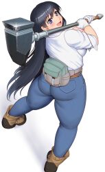 1girl :d arato_nagi ass black_hair blue_pants blush breasts commentary_request denim glint gloves hammer highres holding holding_hammer jeans large_breasts long_hair looking_at_viewer open_mouth orizen pants ruri_no_houseki shirt simple_background sleeves_rolled_up smile solo standing taut_clothes taut_pants waistpack white_background white_gloves white_shirt