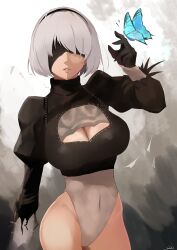 1girl 2b_(nier:automata) absurdres bare_legs black_gloves blindfold blouse blue_butterfly bodysuit breasts bug butterfly cleavage covered_eyes gloves grey_background grey_hair highres insect nier:automata nier_(series) open_mouth revision s4ika shirt short_hair solo