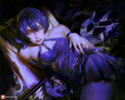 Rule 34 | 1girl, black nails, breasts, closed mouth, commentary, dress, gloves, hair between eyes, holding, holding vial, looking at viewer, mage staff, medium breasts, purple dress, purple eyes, purple gloves, purple hair, sebijy, side ponytail, single glove, solo, sousou no frieren, ubel (sousou no frieren), vial