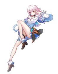 1girl acorn ankle_boots ass badge black_boots black_choker black_corset black_panties blue_eyes blue_jacket blue_skirt blush boots breasts button_badge buttons camera chinese_commentary choker commentary_request corrupted_twitter_file corset dexien dress_shirt earrings flower_ornament full_body hand_up high_heel_boots high_heels highres honkai:_star_rail honkai_(series) jacket jewelry knee_up long_sleeves looking_at_viewer march_7th_(honkai:_star_rail) march_7th_(preservation)_(honkai:_star_rail) medium_breasts medium_hair miniskirt multicolored_eyes one_eye_closed panties pink_eyes pink_hair pleated_skirt shirt simple_background single_earring skirt smile solo thigh_strap tied_jacket two-tone_eyes underwear white_background white_shirt