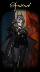 Rule 34 | 1girl, arm up, black boots, black cape, black gloves, black jacket, boots, cape, character name, closed mouth, feet out of frame, fingerless gloves, flag background, french flag, gloves, grey eyes, grey hair, grey pants, gun, hair ornament, hand up, highres, jacket, long hair, looking to the side, military uniform, mwt, pants, reverse:1999, rifle, salute, sentinel (reverse:1999), solo, v-shaped eyebrows, vignetting, weapon, weapon on back