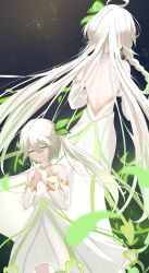 Rule 34 | 2girls, absurdres, ahoge, backless dress, backless outfit, bare back, bare shoulders, black background, braid, chinese commentary, closed eyes, closed mouth, commentary request, cosplay, detached sleeves, dress, from behind, genshin impact, gokusaishiki (1376145360), gold trim, gradient hair, green hair, hair between eyes, hair ornament, highres, leaf hair ornament, long hair, long sleeves, multicolored hair, multiple girls, nahida (genshin impact), own hands together, rukkhadevata (genshin impact), rukkhadevata (genshin impact) (cosplay), strapless, strapless dress, very long hair, white dress, white hair, white sleeves