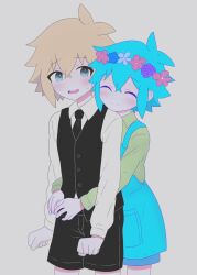 2boys alternate_costume antenna_hair apron basil_(faraway)_(omori) basil_(headspace)_(omori) basil_(omori) black_necktie black_shorts blonde_hair blue_apron blue_eyes blue_shorts blush closed_eyes closed_mouth collared_shirt dual_persona flower green_hair green_shirt grey_background head_wreath highres hug hug_from_behind long_sleeves multiple_boys necktie omori open_mouth saji_neko shirt short_hair shorts sweatdrop white_shirt