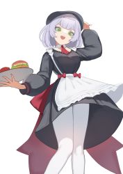 1girl apron arm_up blunt_bangs bow braid burger dress employee_uniform fast_food_uniform flasso food genshin_impact green_eyes grey_hair hat highres kfc long_sleeves looking_at_viewer noelle_(genshin_impact) noelle_(kfc)_(genshin_impact) open_mouth pantyhose plate red_bow short_hair simple_background smile solo teeth upper_teeth_only white_background white_pantyhose