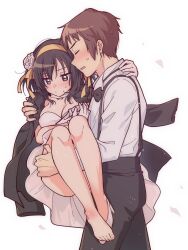 1boy 1girl black_bow black_bowtie black_pants blush bow bowtie breasts brown_eyes brown_hair carrying cleavage closed_eyes collared_shirt commentary_request dress flower from_side hair_flower hair_ornament hair_ribbon hairband hand_on_another&#039;s_shoulder high_heels highres knees kyon legs medium_hair pants princess_carry ribbon right_shoe_removed shirt shoes short_hair simple_background single_bare_foot single_shoe suzumiya_haruhi suzumiya_haruhi_no_yuuutsu sweatdrop taiki_(6240taiki) toes walking white_background white_dress white_shirt white_shoes yellow_hairband yellow_ribbon