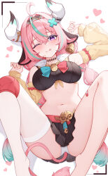 1girl :p absurdres ahoge animal_ears aqua_hair bandaid bell black_skirt bow braid breasts cow_ears cow_girl cow_horns cow_tail cowbell crossed_bangs detached_sleeves genshin_impact hair_ornament hairband heart highres horns large_breasts long_hair long_sleeves looking_at_viewer lying midriff multicolored_hair navel on_back one_eye_closed open_mouth origami_(poinia) panties pink_hair purple_eyes single_thighhigh skindentation skirt smile solo spread_legs stomach streaked_hair tail thighhighs thighs tongue tongue_out twin_braids underwear varesa_(genshin_impact) white_horns white_panties white_thighhighs yellow_sleeves