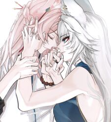 1boy 1girl animal_ear_fluff animal_ears aqua_eyes bare_shoulders bead_bracelet beads blue_shirt bracelet braid breasts chinese_clothes closed_eyes closed_mouth earrings eyeshadow feixiao_(honkai:_star_rail) fingernails fox_boy fox_ears fox_girl hair_between_eyes hair_ornament hair_stick hand_on_another&#039;s_head hands_up hetero highres holding_another&#039;s_wrist honkai:_star_rail honkai_(series) jewelry jiaoqiu_(honkai:_star_rail) large_breasts long_hair looking_at_another makeup multiple_rings pink_hair red_eyeshadow ribbon ring shirt simple_background sleeveless sleeveless_shirt smile tangzhuang upper_body white_background white_hair white_ribbon white_shirt yziyiling