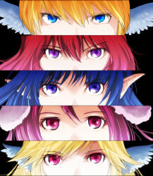 1boy 4girls black_background blonde_hair blue_eyes commentary_request eye_focus hair_between_eyes head_wings lautrec_v looking_at_viewer multiple_girls parody persona persona_3 persona_eyes pink_eyes pink_hair pointy_ears purple_eyes ragnarok_online red_hair simple_background white_wings wings