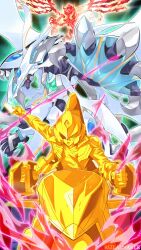 1boy 2others absurdres artist_name claws cosmic_quasar_dragon crimson_dragon d-wheel dragon driving duel_monster facial_mark fangs fudo_yusei gloves helmet highres jacket motor_vehicle motorcycle multiple_others orb wings yu-gi-oh! yu-gi-oh!_5d&#039;s zealmaker