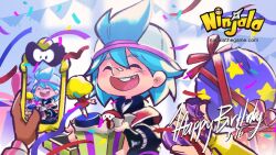 1boy 2girls aqua_background aqua_hair backwards_hat bag baseball_cap berecca birthday black_gloves black_hood black_hoodie bow box cellphone character_figure child chipped_tooth closed_eyes commentary confetti copyright_name copyright_notice dark-skinned_female dark_skin emma_(ninjala) english_commentary english_text gift gift_bag gift_box gloves gungho happy_birthday hat holding holding_bag holding_gift hood hood_down hoodie kappei_(ninjala) logo long_sleeves marie_(ninjala) medium_hair multiple_girls ninjala nose_tape official_art open_mouth opened_present outline phone pink_bow pink_ribbon puffy_long_sleeves puffy_sleeves purple_outline red_bow red_sash rianti-wong ribbon sash second-party_source shuriken shuriken_print simple_background smartphone star_(symbol) star_print teeth upper_teeth_only watermark weapon web_address white_hat yellow_sleeves