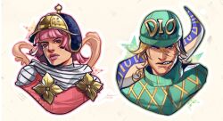 1boy 1girl aqua_bow aqua_helmet aqua_sweater argyle_clothes argyle_sweater black_helmet blonde_hair blue_eyes bow capelet clothing_cutout cracked_skin cropped_torso diego_brando dinosaur_tail flower_ornament gold_flower grey_scarf helmet highres hot_pants_(sbr) jojo_no_kimyou_na_bouken lis_cepu looking_at_viewer outline pink_capelet pink_eyes pink_hair pink_lips scarf scary_monsters_(stand) shoulder_cutout stand_(jojo) steel_ball_run sweater tail turtleneck turtleneck_sweater white_outline