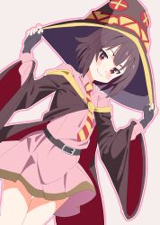 Rule 34 | 1girl, absurdres, bare legs, belt, black cloak, black gloves, blush, brown hair, button eyes, buttons, cloak, commentary, dress, fingerless gloves, gloves, grey background, hat, highres, kono subarashii sekai ni shukufuku wo!, long sleeves, looking at viewer, megumin, necktie, noyama takenoko, outline, pink dress, pink outline, red eyes, short hair, simple background, smile, solo, striped necktie, thigh gap, wide sleeves, witch hat