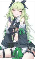 Rule 34 | 1girl, absurdres, arm tattoo, black shorts, clothing cutout, commentary request, crop top, detached sleeves, dokon, fishnet cutout, fishnet thighhighs, fishnets, green hair, headphones, headphones around neck, highres, honkai (series), honkai impact 3rd, long hair, mobius (honkai impact), mobius (razer) (honkai impact), official alternate costume, parted lips, shorts, simple background, single thighhigh, slit pupils, solo, stomach, tattoo, thighhighs, thighs, underboob cutout, very long hair, white background