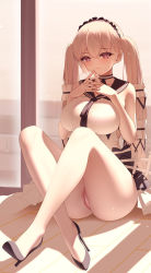 1girl absurdres ass azur_lane black_footwear black_neckwear black_sailor_collar bow breasts censored dress dress_bow dress_flower feather_dress flower formidable_(azur_lane) formidable_(timeless_classics)_(azur_lane) full_body heart heart-shaped_pupils high_heels highres laoan large_breasts long_hair looking_at_viewer mosaic_censoring no_panties official_alternate_costume platinum_blonde_hair purple_eyes pussy ribbon sailor_collar shoes sleeveless sleeveless_dress stiletto_heels symbol-shaped_pupils thighs twintails two-tone_dress two-tone_ribbon very_long_hair white_dress white_flower