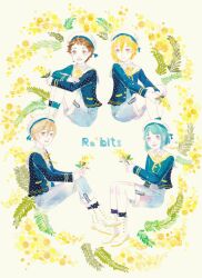 Rule 34 | 4boys, black socks, blonde hair, blue hair, blue pants, blue shirt, blue shorts, blush, boots, brown hair, closed mouth, ensemble stars!, flower, hair between eyes, hat, highres, holding, holding flower, hugging own legs, invisible chair, invisible floor, leaf, long sleeves, looking at viewer, male focus, mashiro tomoya, masking tape (medium), multiple boys, neck ribbon, nito nazuna, nostrils, oikoko koko, open mouth, pants, pants rolled up, rabbits (ensemble stars!), ribbon, sailor collar, sailor hat, sailor shirt, shino hajime, shirt, short hair, shorts, sidelocks, sitting, smile, socks, teeth, tenma maemi, trap, unconventional media, upper teeth only, white background, white boots, white sailor collar, yellow flower, yellow ribbon