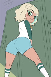 1girl ass blonde_hair breasts closed_mouth freckles green_eyes haruyama_kazunori jackie_lynn_thomas locker looking_at_viewer multicolored_hair short_hair shorts small_breasts smile solo star_vs_the_forces_of_evil