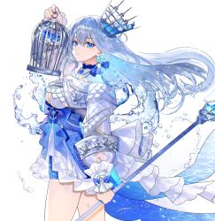 Rule 34 | 1girl, birdcage, blue bow, blue dress, blue eyes, blue gemstone, bow, breasts, cage, center opening, cleavage, clothing cutout, commentary request, crown, dress, earrings, expressionless, floating hair, frilled dress, frills, from side, gem, glint, hand up, highres, holding, holding cage, holding staff, jewelry, large breasts, lens flare, long hair, long sleeves, looking at viewer, necklace, original, sakizaki saki-p, simple background, solo, staff, standing, thighs, very long hair, water, water drop, white background, white hair