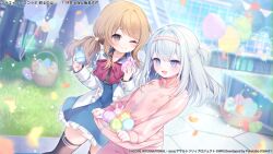 2girls :d ;) assault_lily balloon basket black_shirt black_thighhighs blue_eyes blue_skirt blurry blurry_background bow bowtie brown_hair building collared_shirt commentary_request copyright_notice day easter easter_egg egg fingernails frilled_skirt frills grass grey_eyes grey_hair hair_ornament hairband hands_up herensuge_girls_academy_school_uniform high-waist_skirt highres holding holding_egg iijima_renka jacket jewelry komachi_pochi long_hair long_sleeves looking_at_another looking_at_object looking_down looking_to_the_side low_side_ponytail miniskirt multiple_girls official_alternate_costume official_art one_eye_closed open_clothes open_jacket open_mouth outdoors pants pink_hairband pink_jacket pink_pants red_bow red_bowtie ring school_uniform sett shirt shirt_basket side_ponytail sidelocks skirt sleeves_past_wrists smile sparkle standing star_(symbol) star_hair_ornament striped_clothes striped_thighhighs thighhighs track_jacket tsuboi_nanaho two_side_up vertical-striped_clothes vertical-striped_thighhighs white_jacket zipper zipper_pull_tab