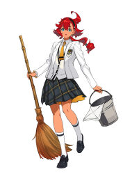 1girl :o ahoge aqua_eyes black_hairband black_shoes blazer broom bucket cardigan cleaning_rag collared_shirt commentary_request dark-skinned_female dark_skin full_body gundam gundam_suisei_no_majo gundam_suisei_no_majo:_seishun_frontier hair_between_eyes hairband highres holding holding_broom holding_bucket jacket lapels loafers long_hair long_sleeves looking_at_viewer manbou_no_ane multi-tied_hair necktie notched_lapels official_art open_clothes open_jacket open_mouth plaid_clothes plaid_skirt pleated_skirt red_hair school_uniform second-party_source shirt shoes simple_background skirt socks solo standing standing_on_one_leg suletta_mercury thick_eyebrows white_background white_cardigan white_jacket white_shirt white_socks wing_collar yellow_necktie