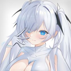 1girl :3 arm_up armpit_cutout artist_name black_gloves blue_eyes blush bodysuit chokei cinderella_(nikke) cleavage_cutout closed_mouth clothing_cutout commentary_request covered_collarbone english_text eyelashes gloves goddess_of_victory:_nikke hair_intakes hair_ornament hair_over_one_eye hairpin highres long_bangs long_hair long_sleeves looking_at_viewer parted_bangs portrait raised_eyebrows signature smile solo turtleneck turtleneck_bodysuit twintails two-tone_gloves white_background white_bodysuit white_gloves white_hair white_theme
