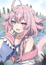 1girl ahoge axolotl_ears axolotl_girl axolotl_tail blurry blurry_background bow collarbone commission elio_lotl hair_bow hair_ornament hairclip highres indie_virtual_youtuber jacket long_hair long_sleeves multicolored_jacket neckerchief off_shoulder open_mouth pink_eyes pink_hair purple_bow purple_eyes purple_neckerchief river sailor_collar sharp_teeth shirt sky sleeveless sleeveless_shirt sleeves_past_wrists solo teeth tree valefal_coneri vgen_commission virtual_youtuber white_sailor_collar white_shirt
