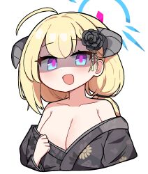 1girl :d ahoge akari_(blue_archive) akari_(new_year)_(blue_archive) bare_shoulders black_flower black_kimono blonde_hair blue_archive blue_eyes blue_halo breasts chibi cleavage demon_horns dot_nose floral_print floral_print_kimono flower hair_behind_ear hair_flower hair_ornament halo highres horns huge_breasts japanese_clothes kimono light_blush long_hair long_sleeves low_twintails off_shoulder official_alternate_costume official_alternate_hairstyle open_mouth print_kimono purple_pupils shaded_face simple_background smile solo tagyeokgam twintails upper_body white_background