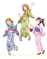 3girls :d ;d ahoge artbook bag blue_eyes bottle floral_print flower full_body grey_hair hair_flower hair_ornament highres holding holding_bottle japanese_clothes kimono long_hair looking_at_viewer love_live! love_live!_sunshine!! mask mask_on_head multiple_girls non-web_source obi official_art one_eye_closed open_mouth orange_hair pink_kimono pouch ramune red_eyes red_hair sakurauchi_riko sandals sash short_hair simple_background smile standing takami_chika watanabe_you white_background yellow_eyes yukata