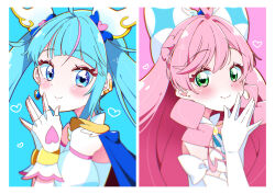 Rule 34 | 2girls, absurdres, blue background, blue cape, blue eyes, blue hair, bow, braid, brooch, cape, closed mouth, commentary, crown braid, cure prism, cure sky, cut bangs, detached sleeves, dress, earclip, earrings, elbow gloves, from side, glove bow, gloves, green eyes, hair bow, hair ornament, heart, highres, hirogaru sky! precure, jewelry, long hair, looking at viewer, magical girl, mismatched earrings, multicolored hair, multiple girls, nijigaoka mashiro, own hands together, pink background, pink hair, potacure, precure, puffy detached sleeves, puffy sleeves, side braids, single earring, single sidelock, sleeveless, sleeveless dress, smile, sora harewataru, streaked hair, twintails, two-tone hair, upper body, very long hair, white bow, white dress, white gloves, wing brooch, wing hair ornament