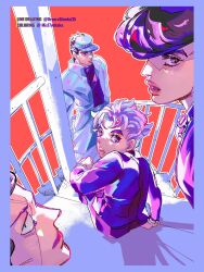 Rule 34 | 4boys, anchor symbol, black hair, blue border, border, commentary request, gakuran, hat, higashikata josuke, highres, hirose koichi, jacket, jojo no kimyou na bouken, kuujou joutarou, looking at viewer, looking back, male focus, mis17yohaku, multiple boys, nijimura okuyasu, open mouth, orange hair, oraorashindoi35, pompadour, school uniform, sitting, white hair, white hat, white jacket