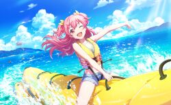 1girl :d aozora_no_saki_kagayaki_wo_oikakete_(project_sekai) blue_shorts blue_sky breasts cleavage cloud collarbone colorful_palette fang game_cg hair_between_eyes highres long_hair momoi_airi navel official_art open_mouth paraglider pink_eyes pink_hair project_sekai shorts sky smile solo third-party_source tongue two_side_up vest water yellow_vest