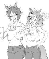 Rule 34 | 2girls, ahoge, animal ears, breasts, carrying over shoulder, crop top, cup, fuji kiseki (umamusume), greyscale, hair ornament, hairclip, hand on own hip, holding, holding cup, holding sign, horse ears, horse girl, horse tail, jungle pocket (umamusume), looking at another, looking at viewer, medium hair, midriff, monochrome, multiple girls, navel, notched ear, open mouth, pants, ponytail, shirt, short hair, short ponytail, sign, sleeves rolled up, small breasts, smile, tail, uma summer (umamusume), umamusume, zn242878163