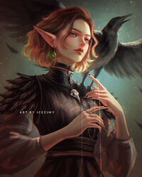 1girl animal animal_on_shoulder bird bird_on_shoulder black_choker black_dress black_feathers black_nails brown_eyes brown_hair choker commentary crow dress earrings elf english_commentary english_text feathers fingernails freckles highres icezimy jewelry long_sleeves nail_polish necklace original pendant pointy_ears short_hair solo string upper_body