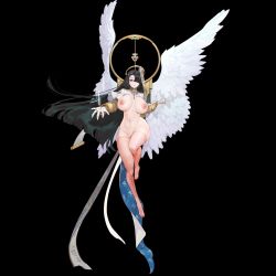 1girl angel_wings azazel_(last_origin) black_background blush breasts breasts_apart detached_collar feathered_wings feathers feet female_focus floating floating_hair flying full_body functionally_nude gauntlets green_hair hair_over_one_eye highres holding large_areolae large_breasts large_nipples last_origin legs long_hair looking_at_viewer magic navel nipples no_panties parted_bangs parted_lips pelvic_curtain pink_eyes pink_thighhighs pussy simple_background solo thighhighs thighs third-party_edit toes uncensored wing wings